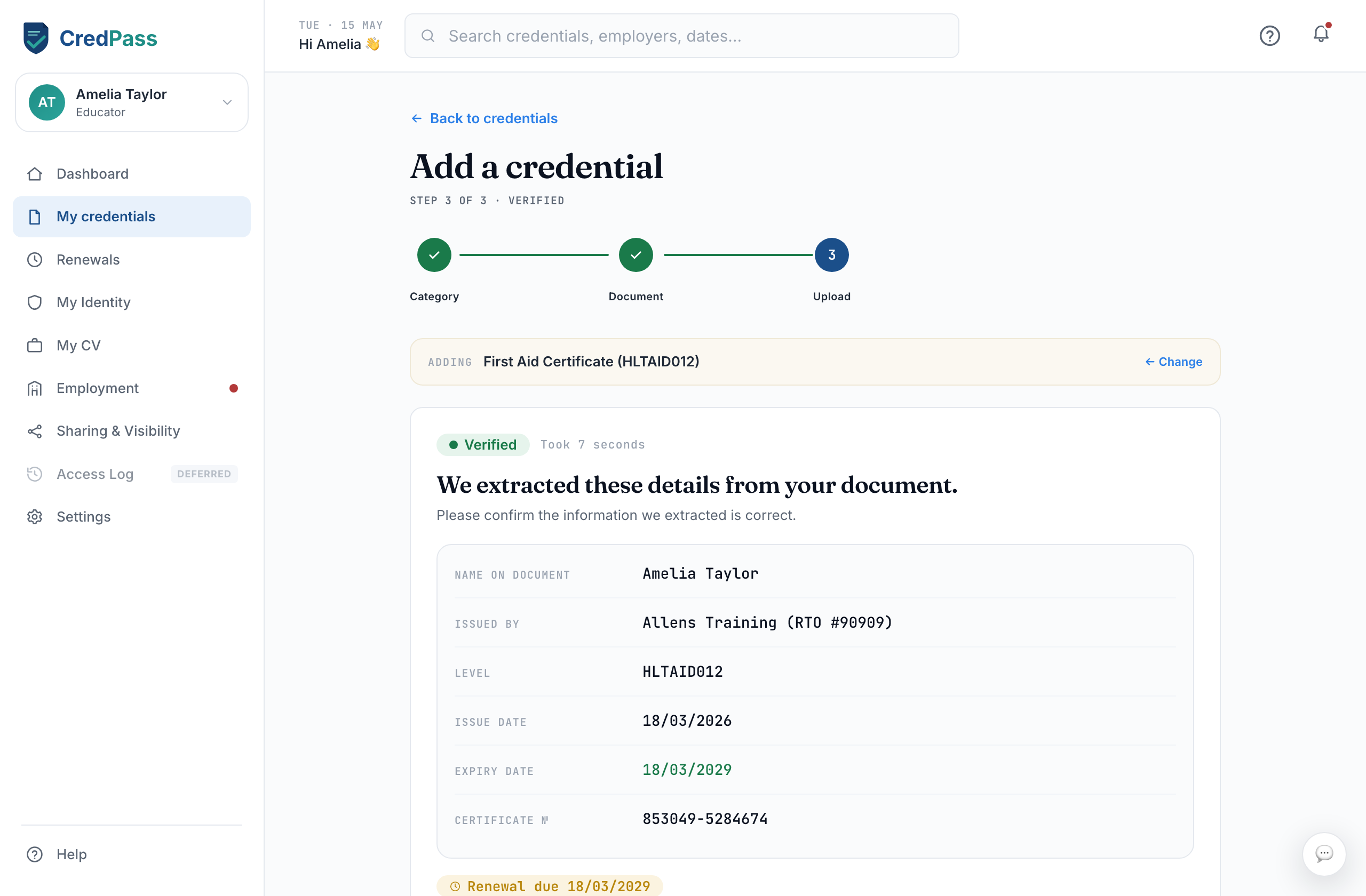 The confirm-details screen with extracted fields