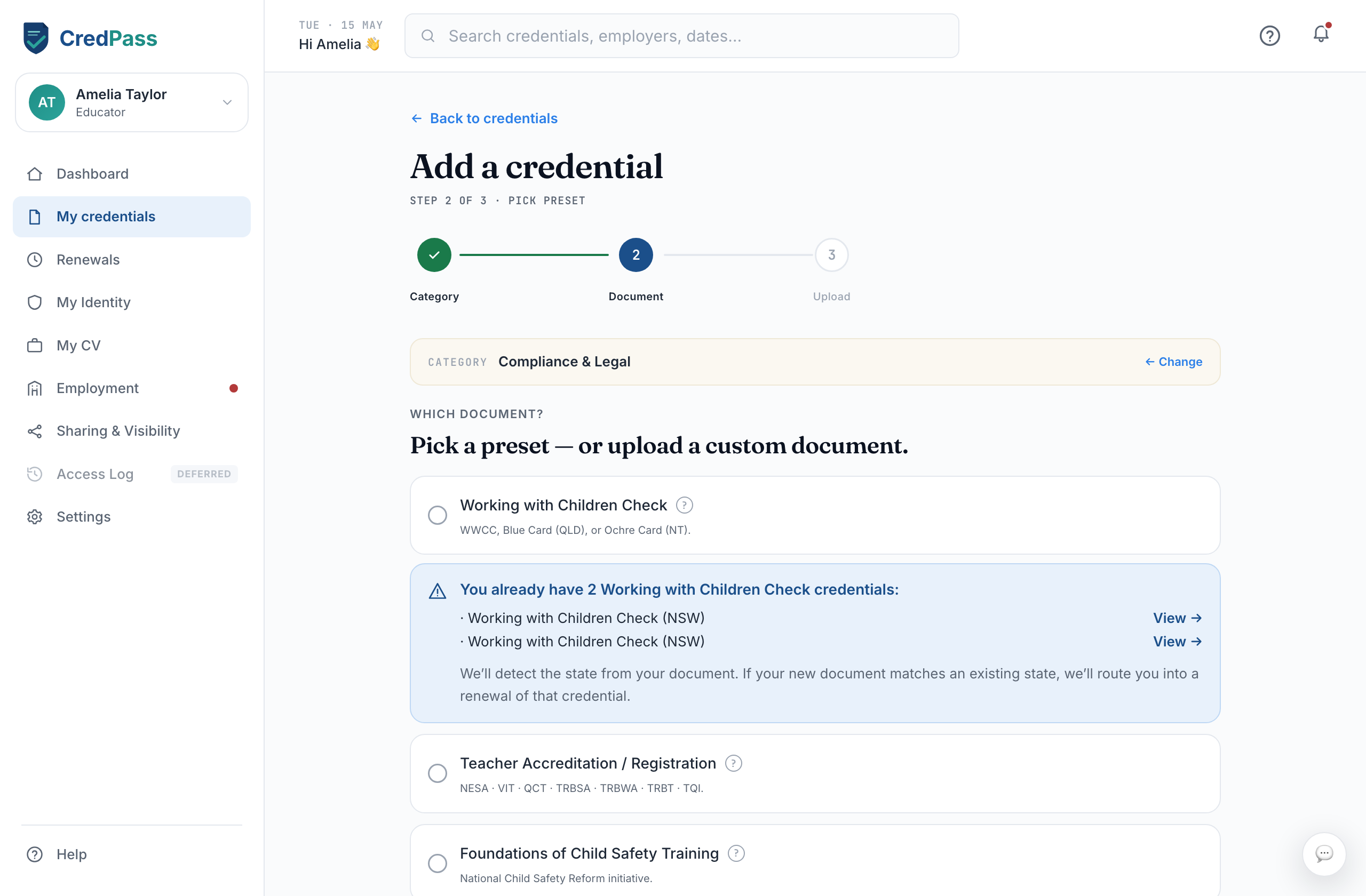 The upload step with a document preview