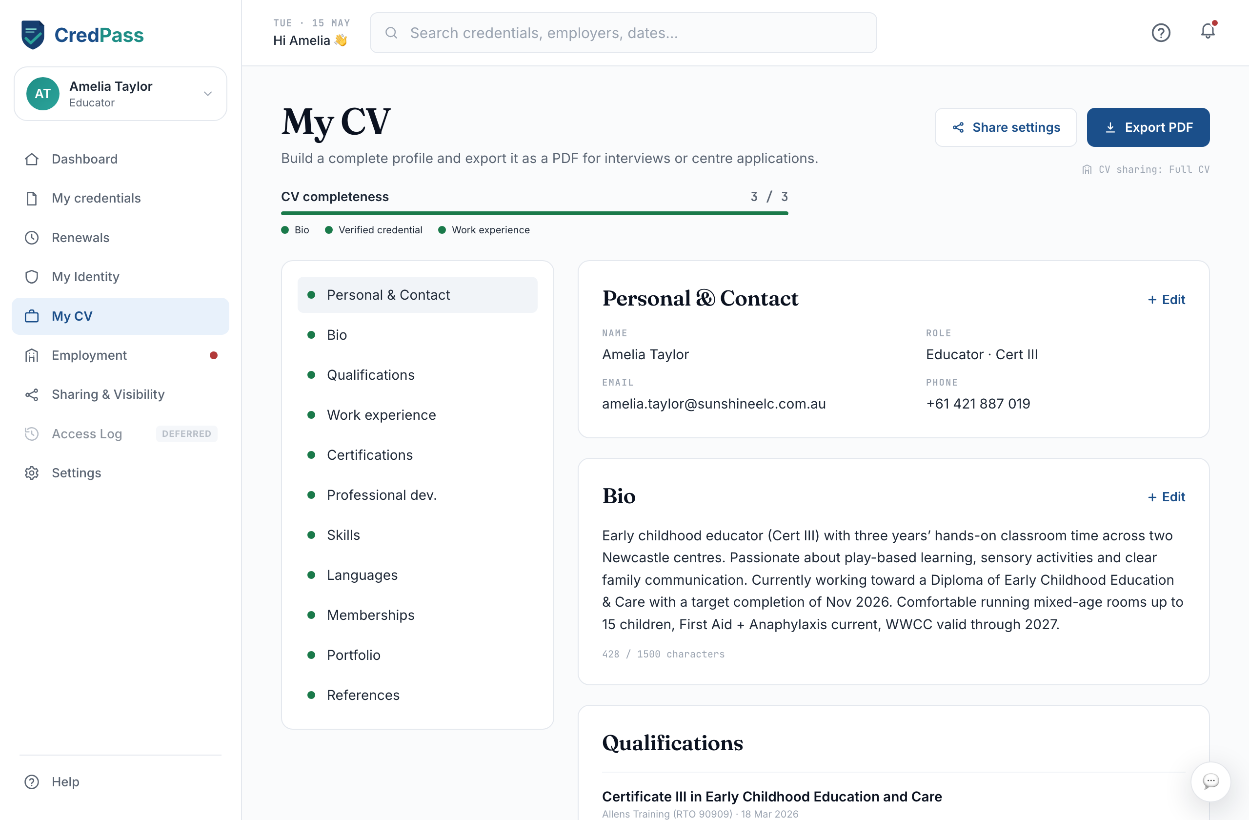 The CV editor with bio and work sections