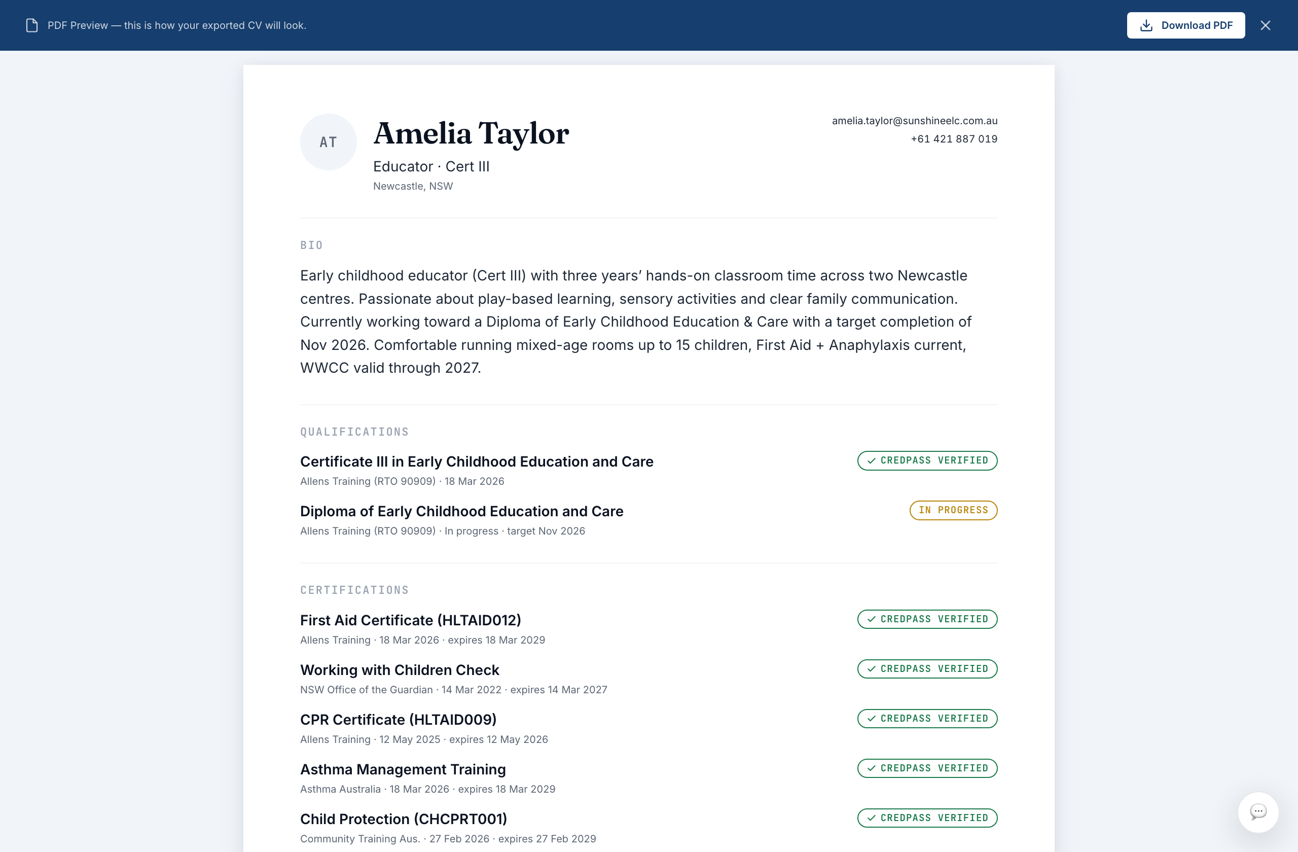 The CV preview and Export PDF button