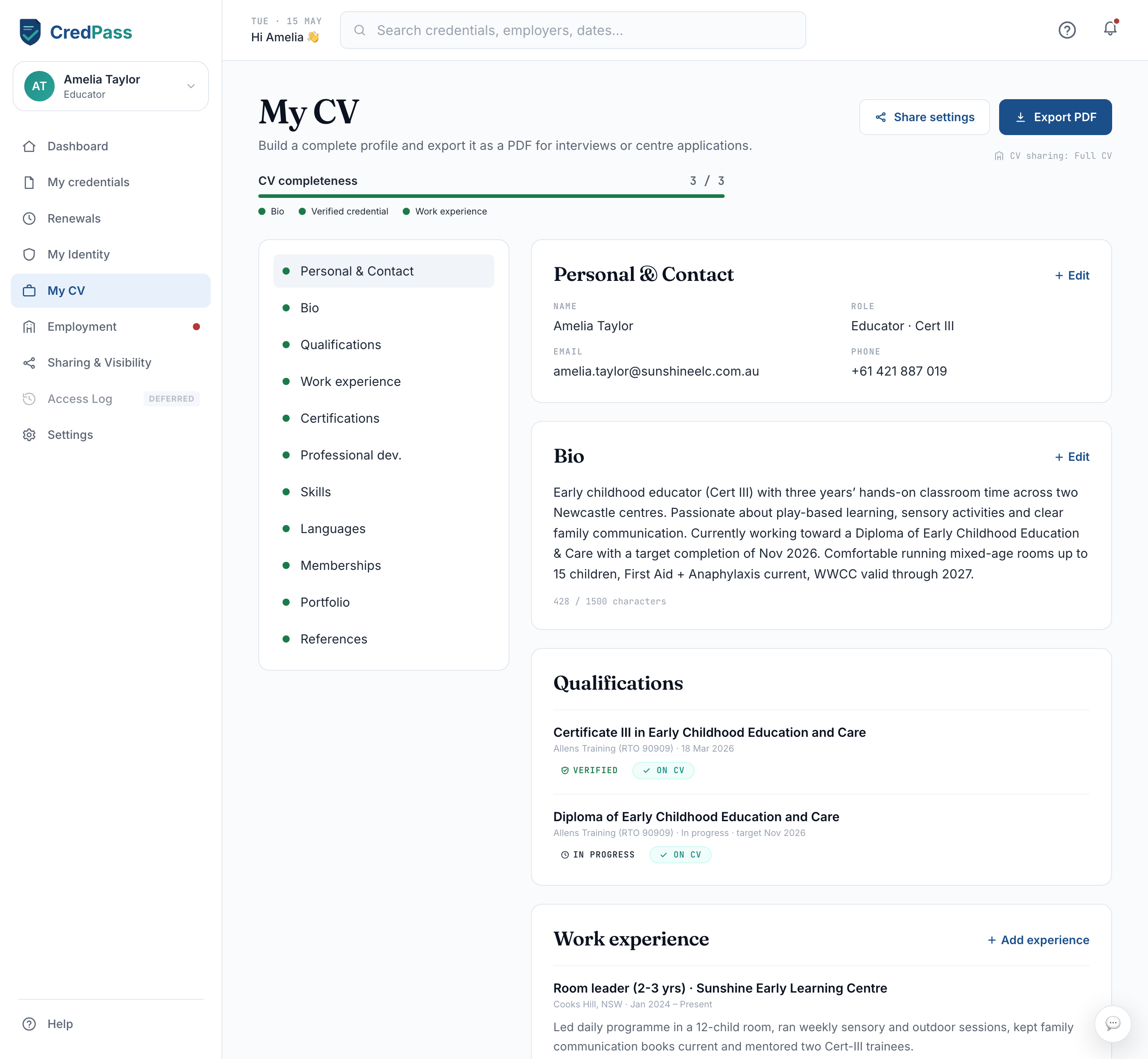 Show-on-CV toggles on each credential