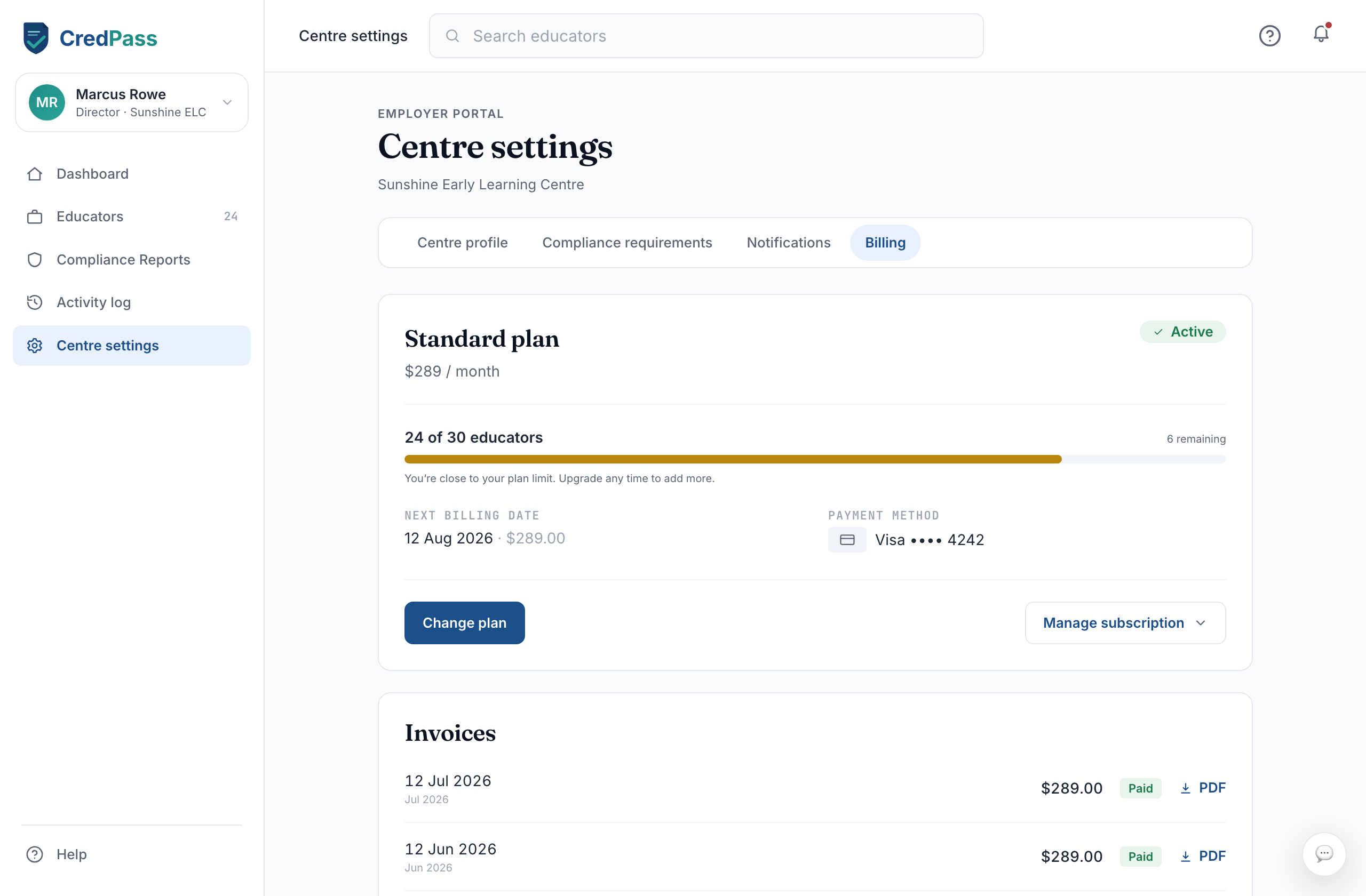The Billing tab summary