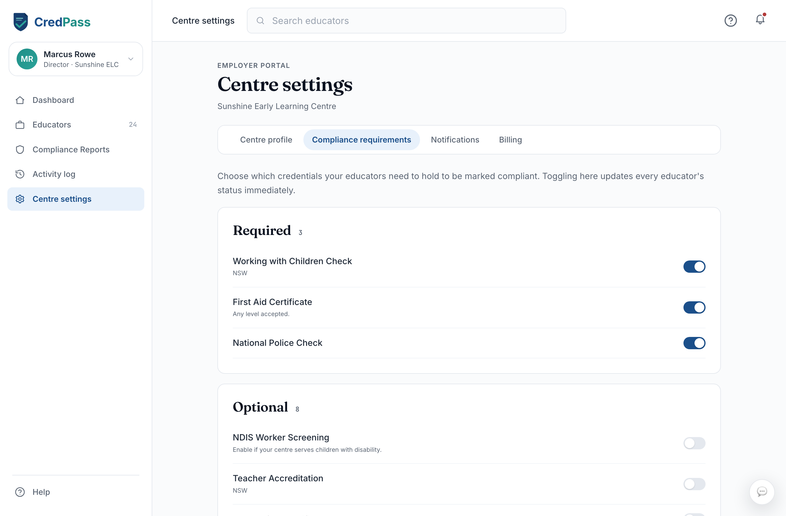 Centre Settings - Compliance requirements