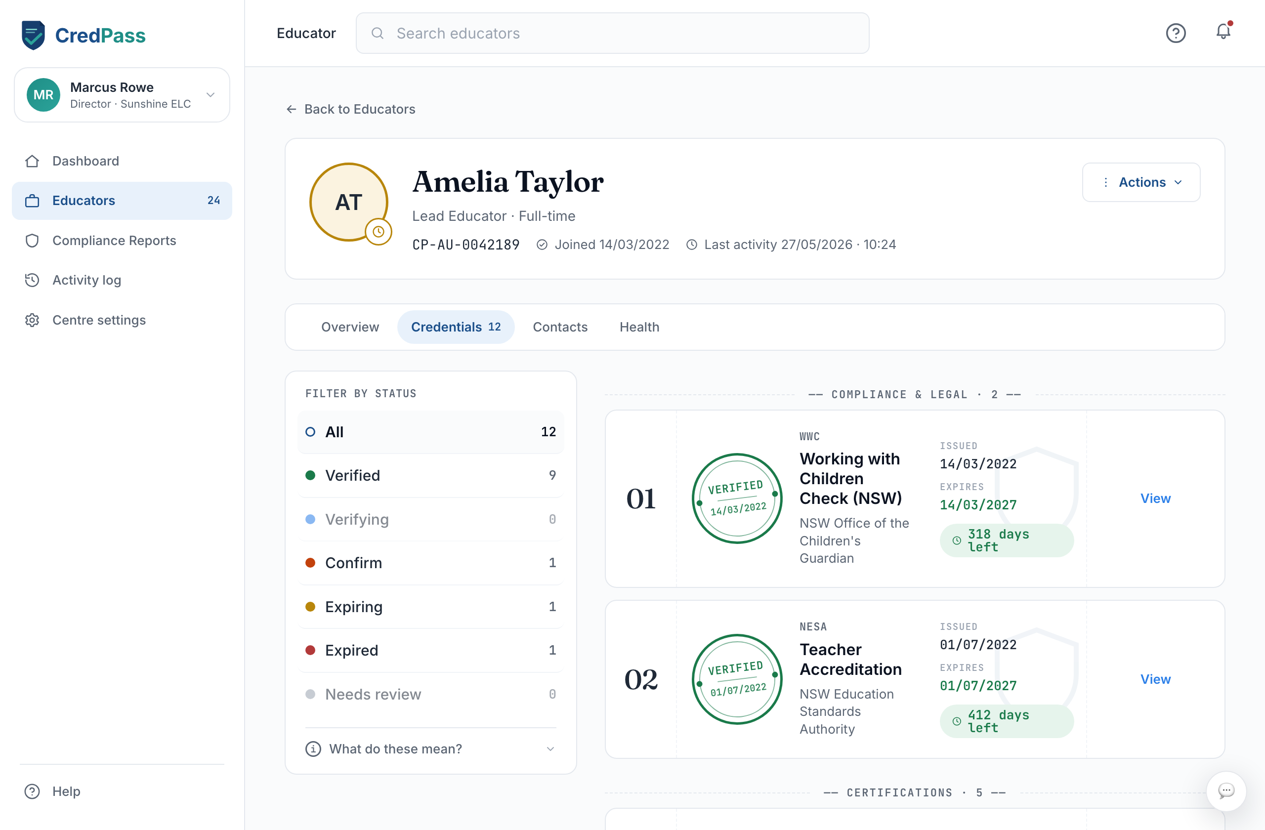 The educator detail Credentials tab