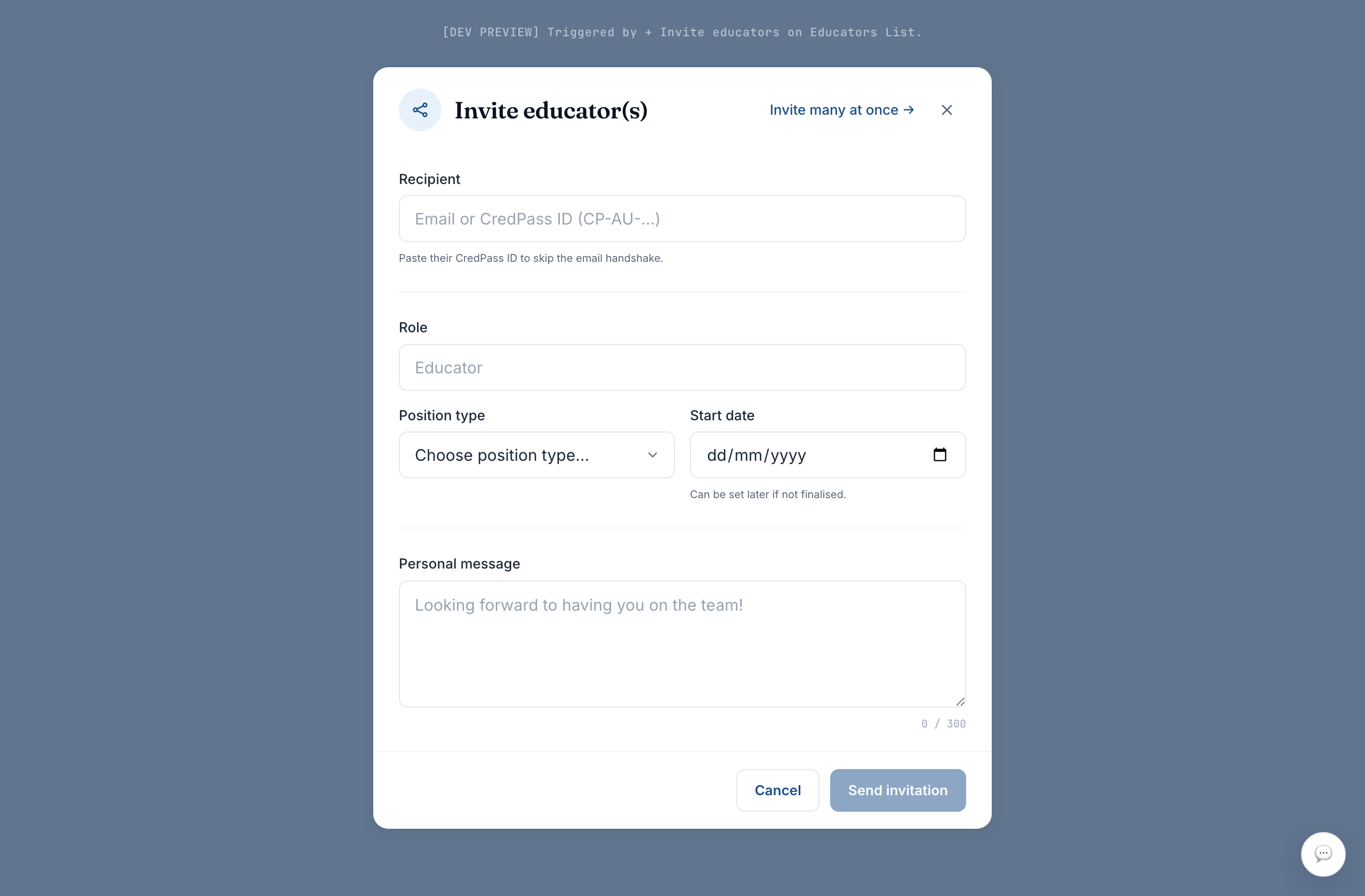 The invite educator modal