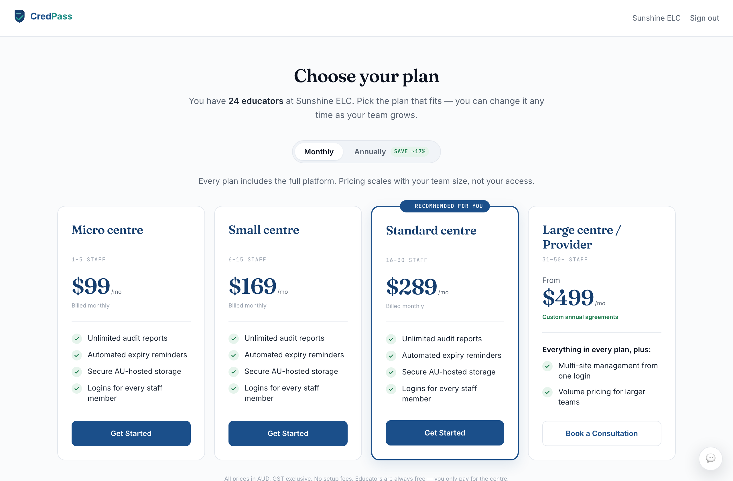The Choose plan screen