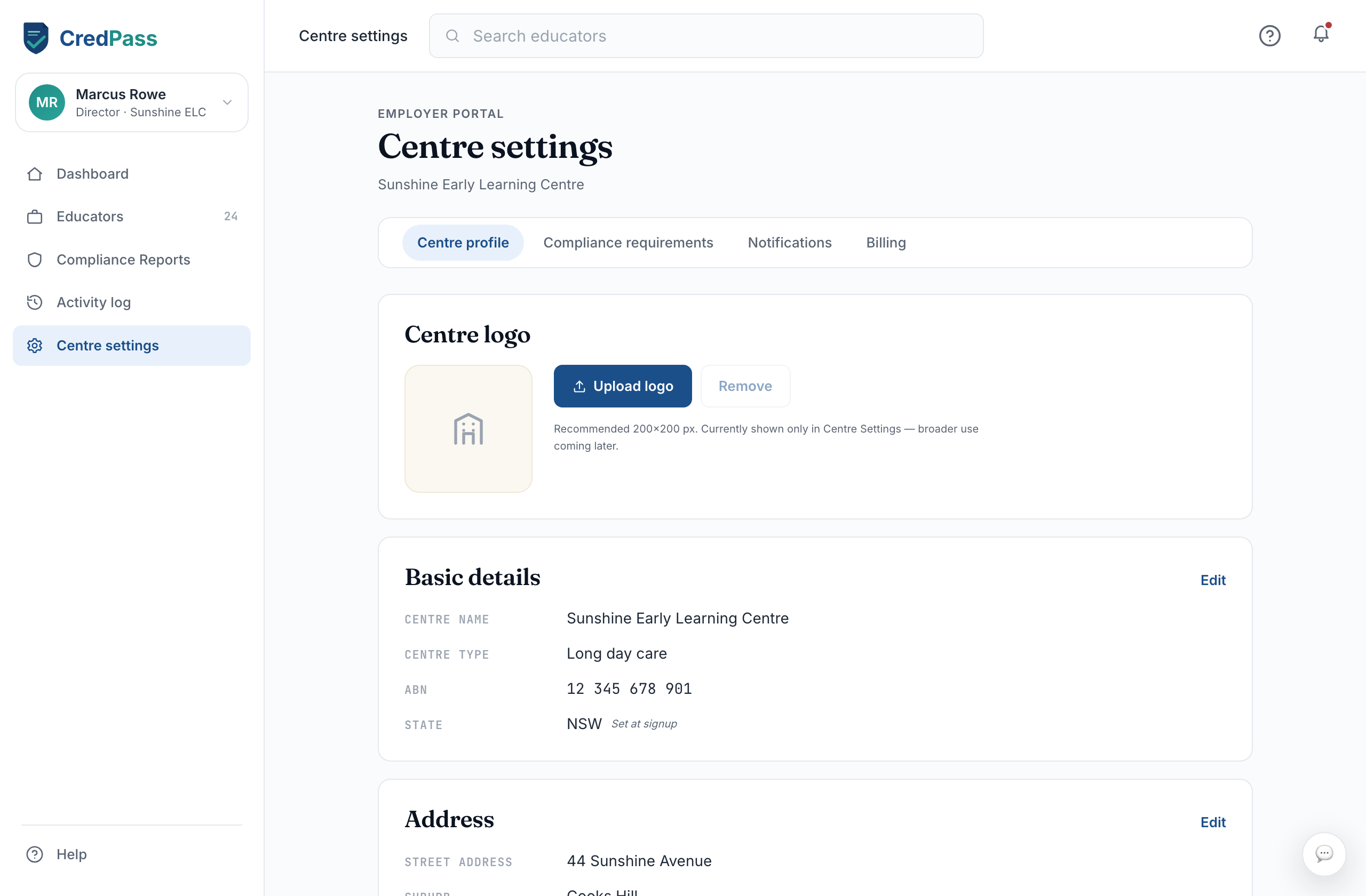 The Centre profile tab