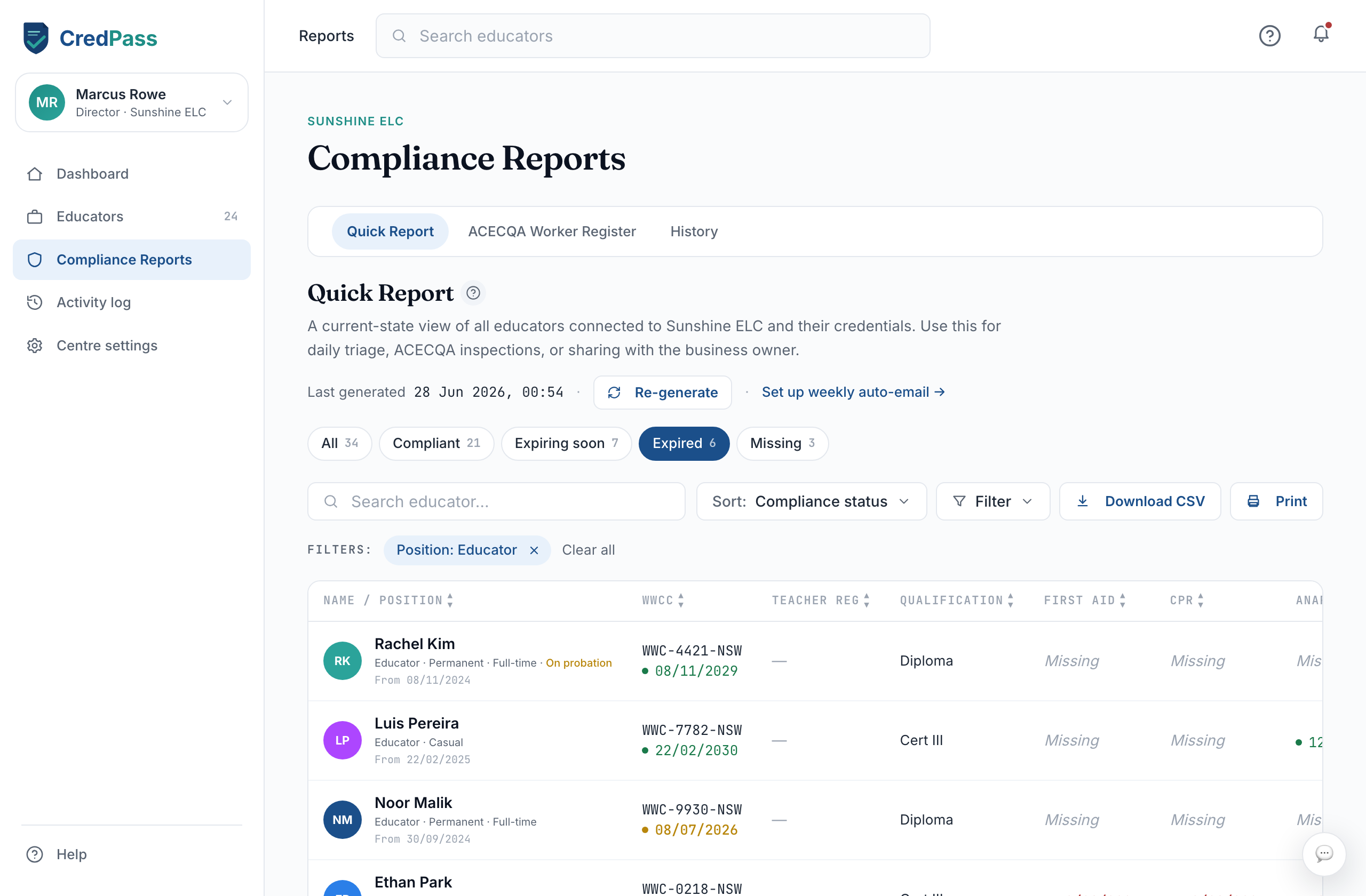 The Quick Report status filters