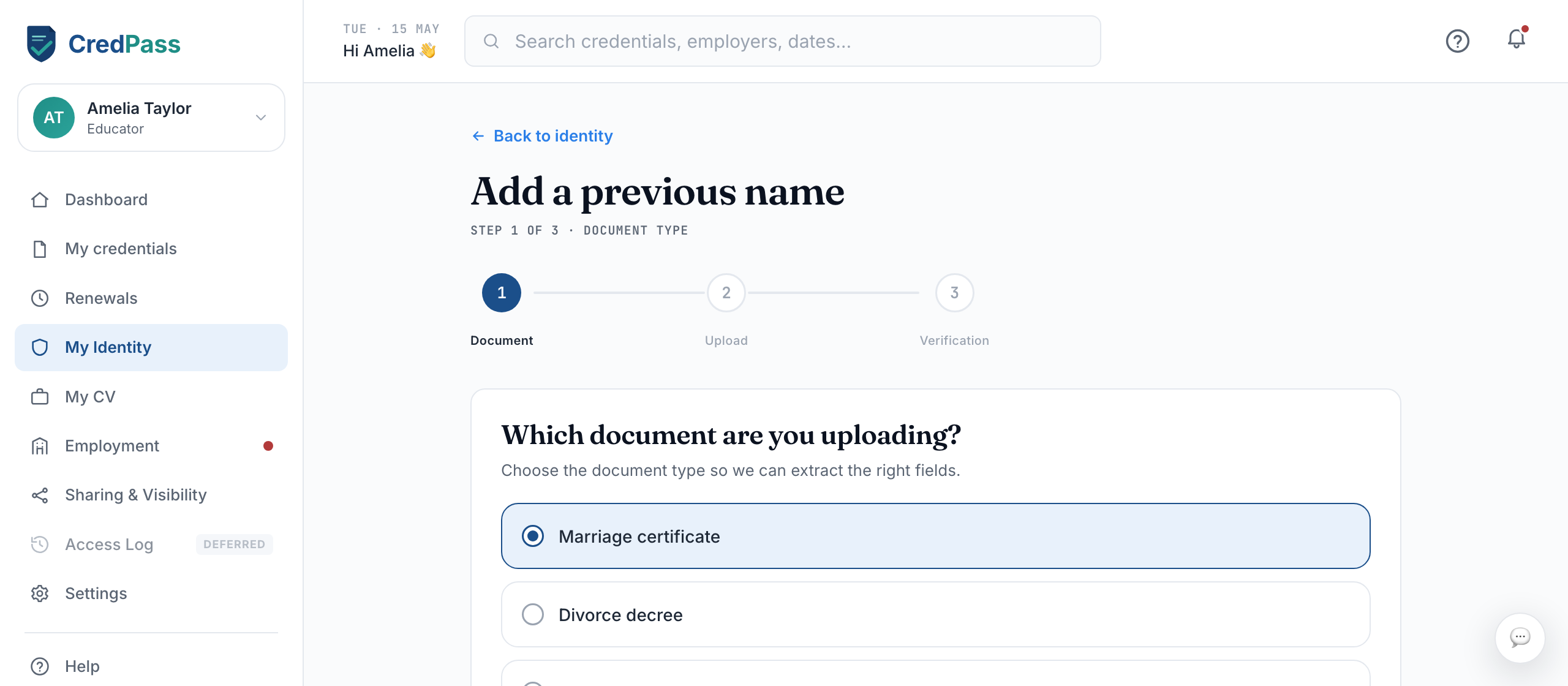 The Add previous name form