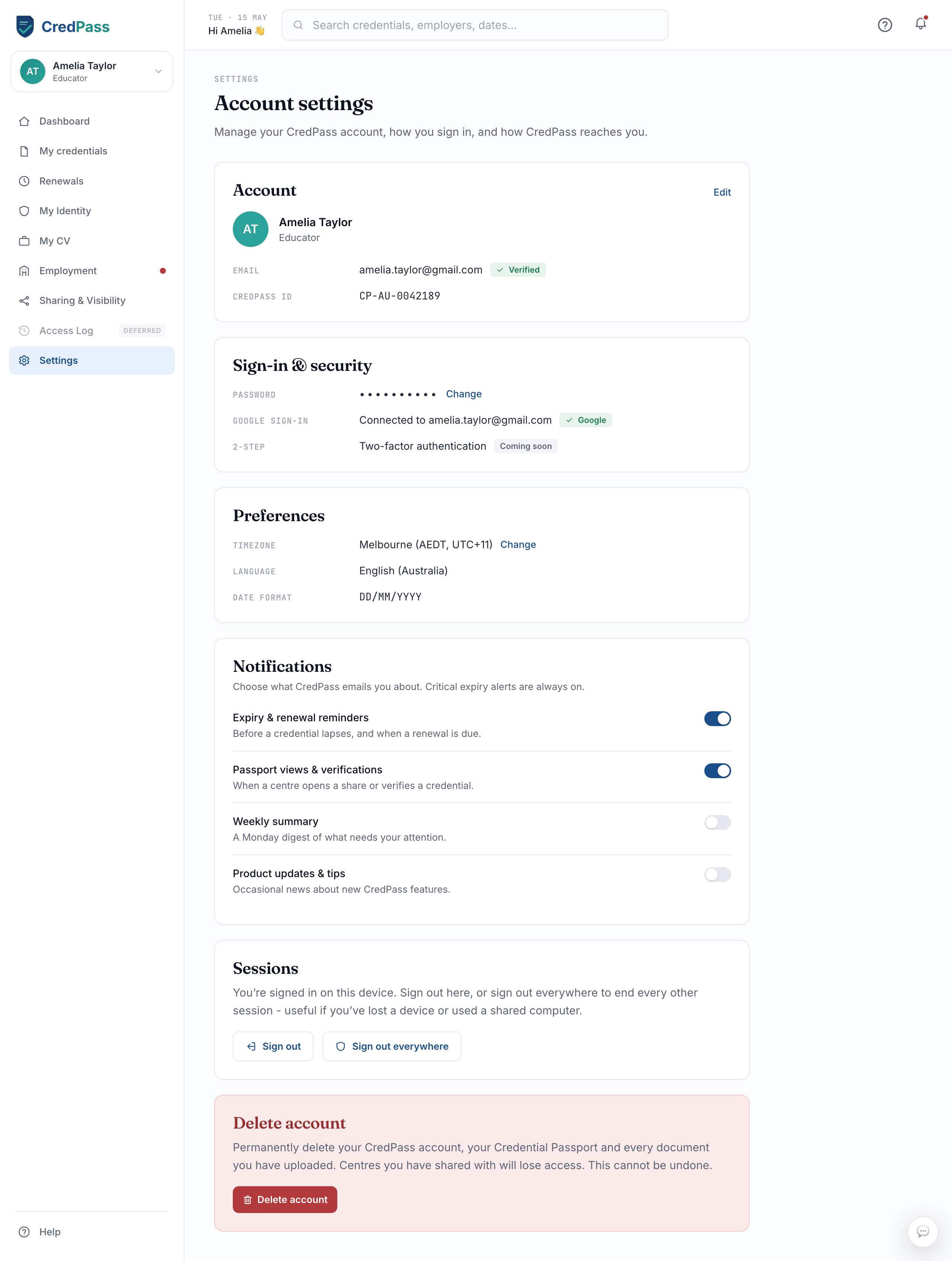 The Account settings page - Account, Sign-in & security, Preferences, Notifications, Sessions and Delete account
