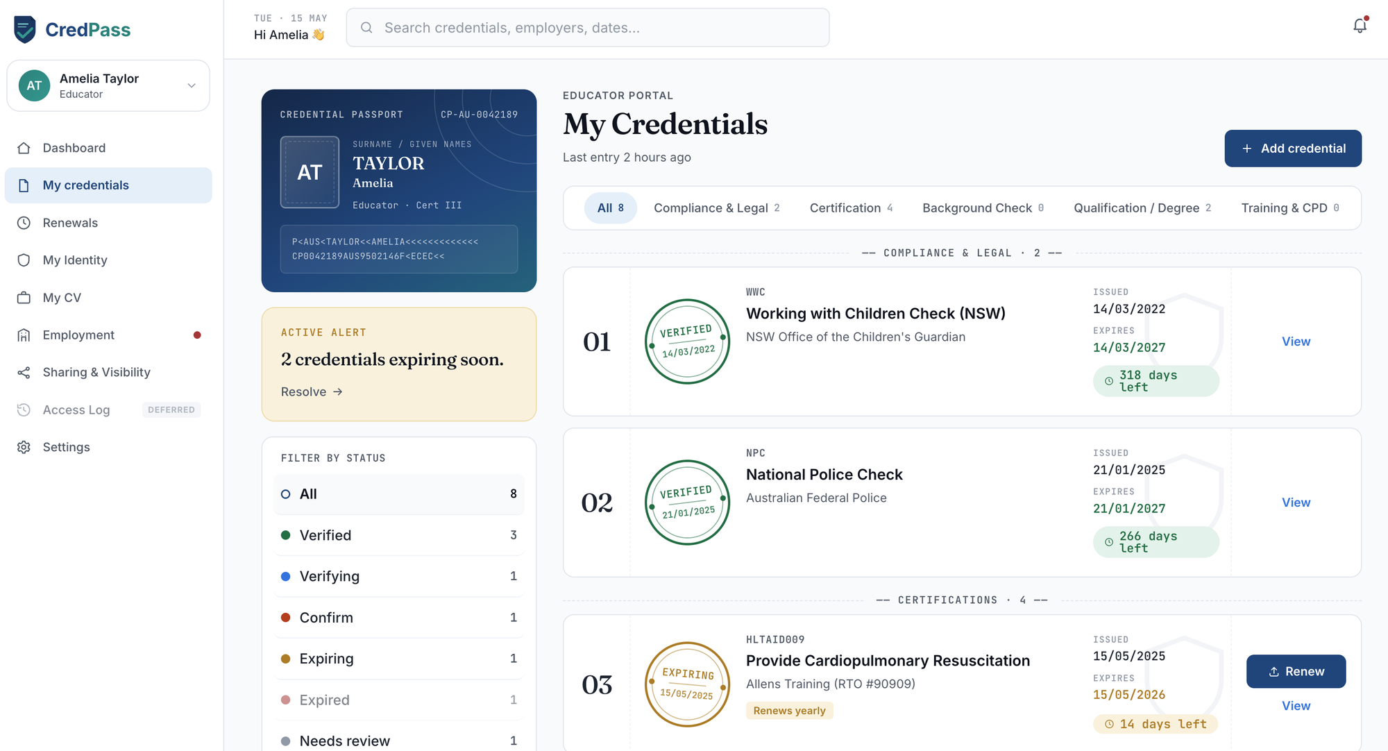 CredPass credentials list with uploaded documents, verified and expiry-tracked